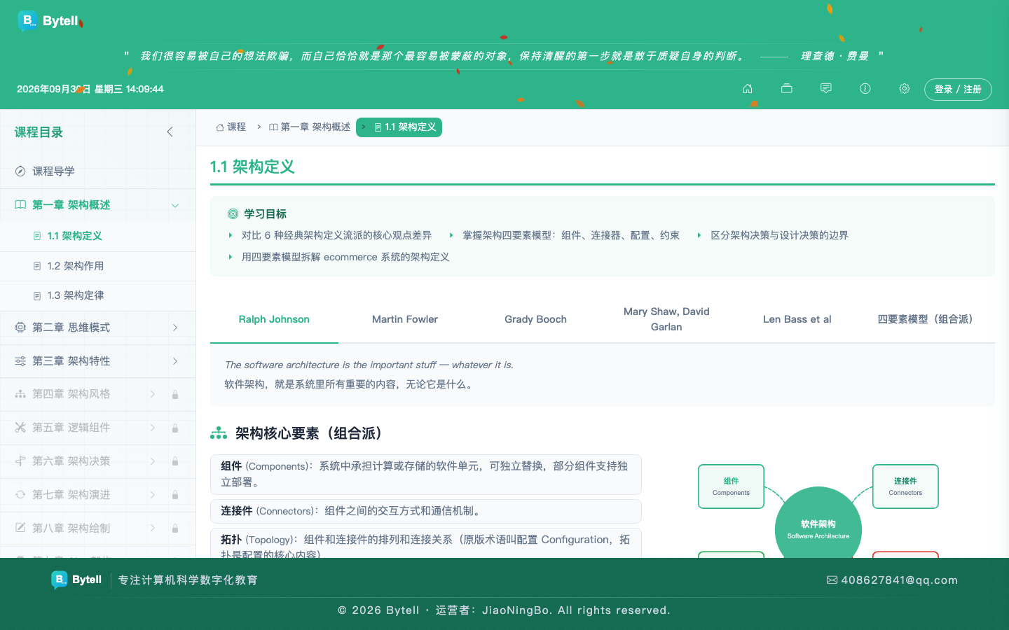 AI + 软件架构课程：绿色薄荷主题下的章节学习界面